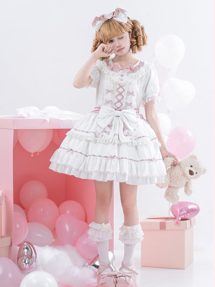 Hime Pink and Peter Pan Collar Tiered Skirt Balletcore Lolita Dress White OP