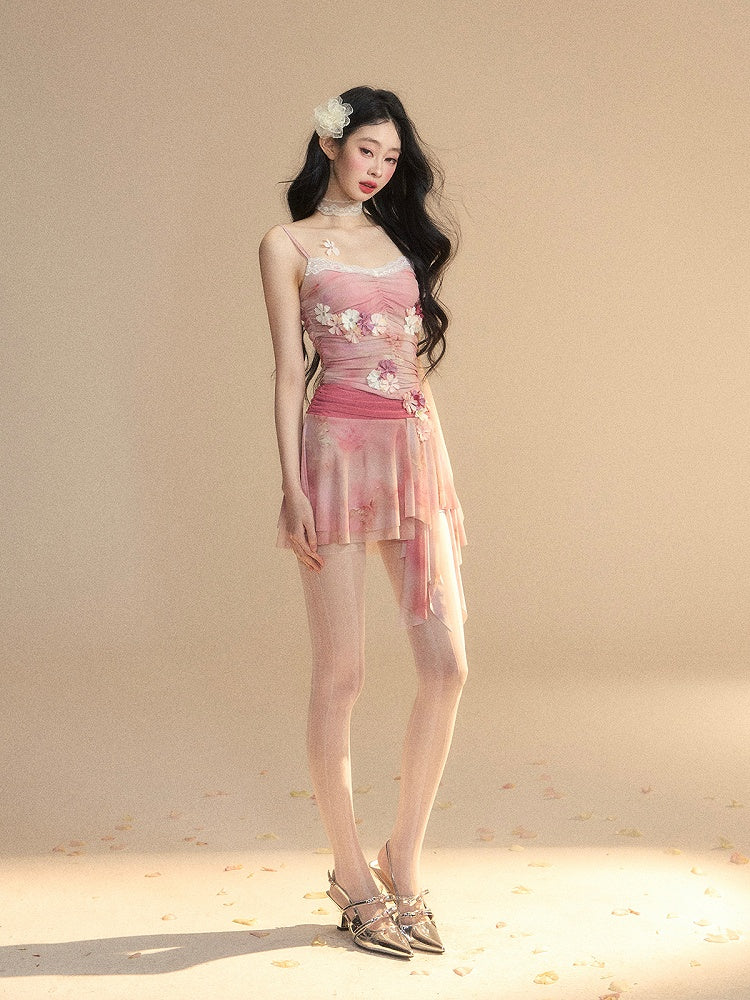 Top/Shorts mit asymmetrischem Saum und Kirschblüten-Print