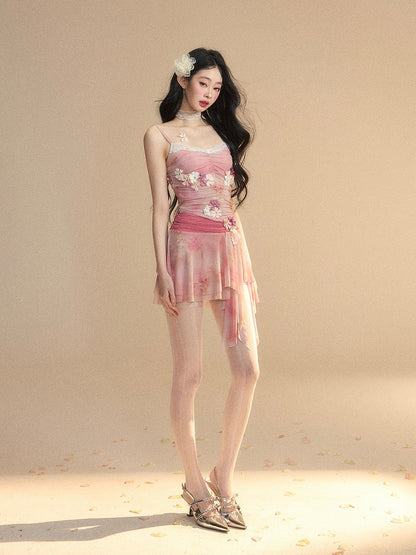 Top/Shorts mit asymmetrischem Saum und Kirschblüten-Print