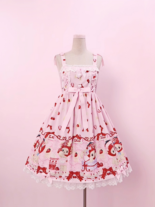 Chiffon Cottagecore Light Country Accents JSK Strawberry and Bear Print Bowknot Pink Lolita Dress
