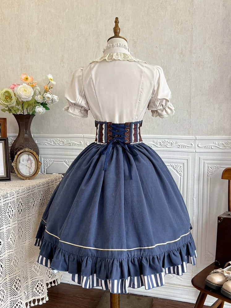 Apricot Ruffle Neckline Shirt + Brown Corset Belt + Blue Skirt Steampunk Lolita Set