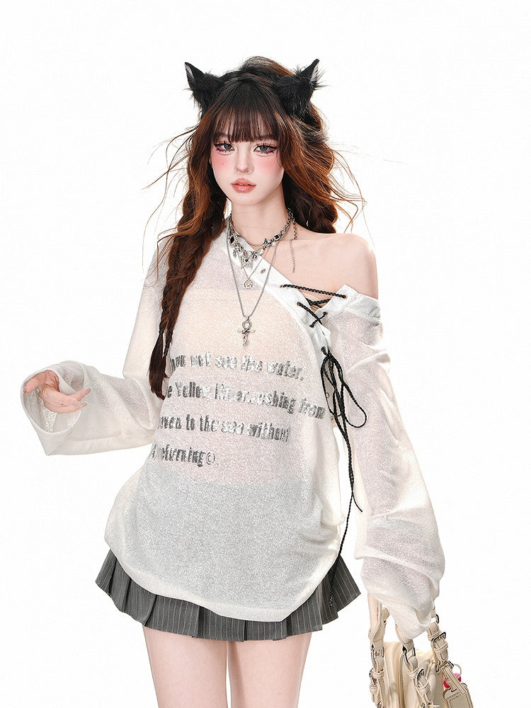 Black/White Semi-sheer Asymmetrical Neckline Sun Protection Top with Lace-up Detail