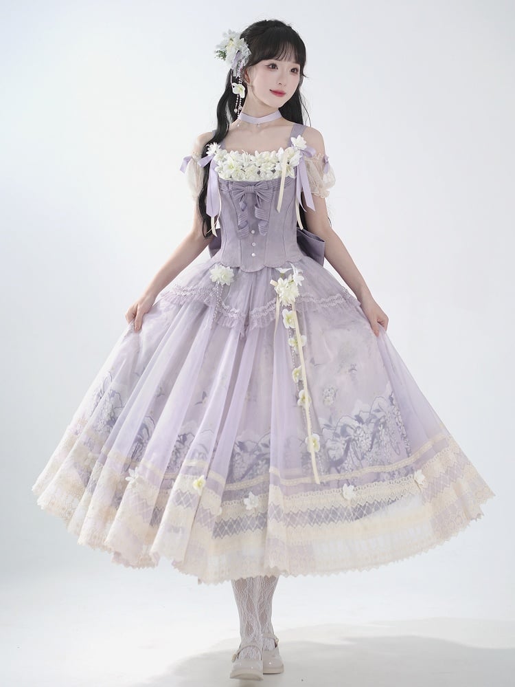 Classic Long Skirt Lolita Decoration + Jasmine Top Print Set Purple Corset Floral