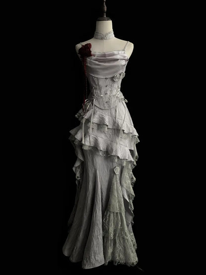 Jupe asymétrique à volants en cascade gris argenté