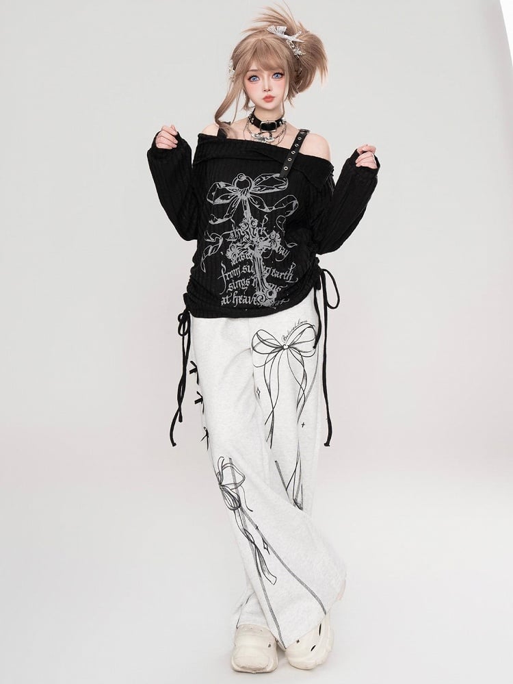 Black/Light Grey Ribbon Bow Straight-leg Cut Sweatpants