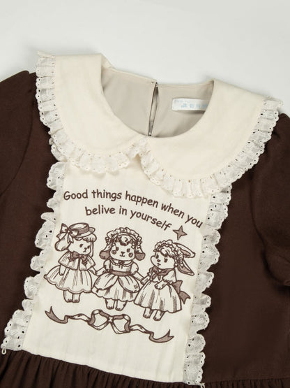 Embroidery Lamb Pan Lolita Bunny and Dress Brown with Beige Peter Collar