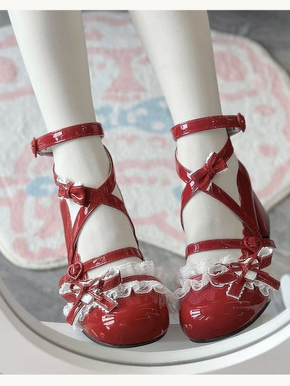 Lolita Sweet Toe – Rote Win Round-Schuhe mit mittlerem Absatz