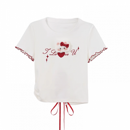 Lace-up Back Plush Kitty Lettuce Hem White T-Shirt