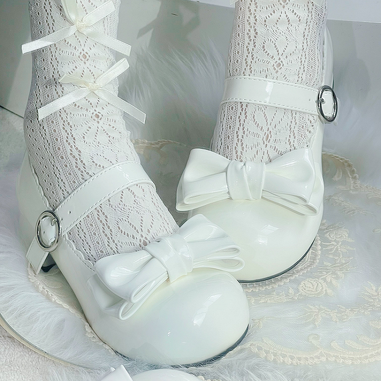 Sweet Lolita White Bowknot Round Toe Block Heel Mary Janes