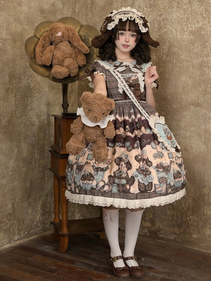 Puppy Sweet Full Cute Lolita Set Brown Waist High and Fluffy Dress Desserts