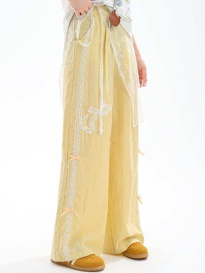 Bowknot Embroidery Wide-Leg Pants Yellow Regular/Short Version Waist High