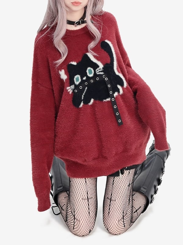 Red Cute Kitty Pattern Strap Loose Sweater