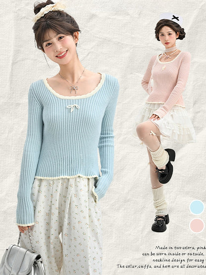 Blue Bowknot Details Round Neck Slim-fit Knit Top