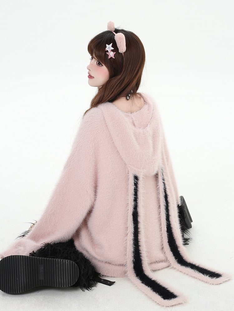 Pink Bunny Ears V-neck Hooded Loose Cardigan Lace-up Detail