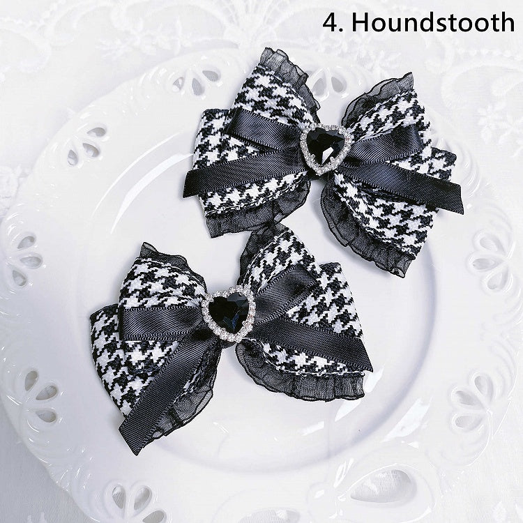 Jirai Kei Sweetheart Rhinestone Adorned Tweed Bowknot Hairclips