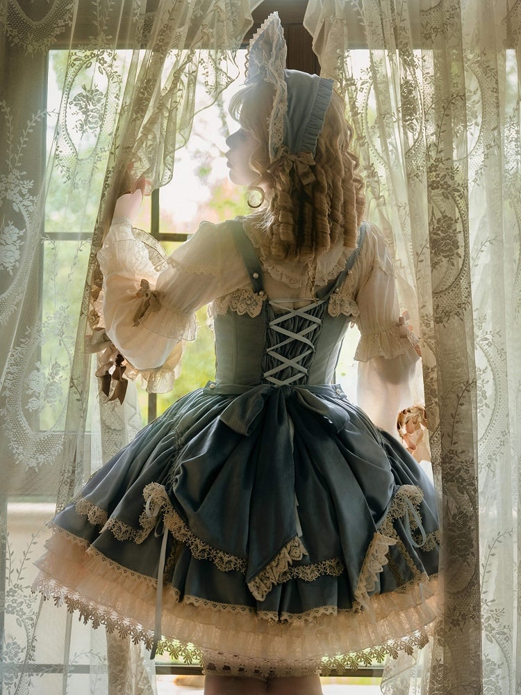 Blue Velvet JSK Dress Lolita Embroidery Bows Decoration Candle /