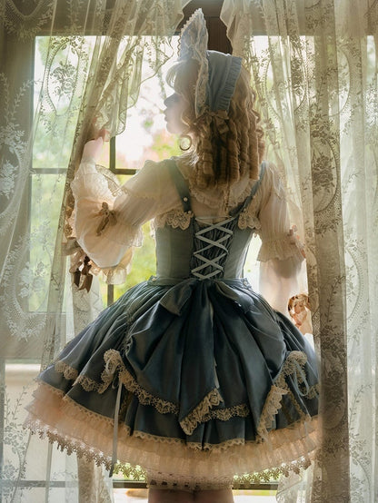 Blue Velvet JSK Dress Lolita Embroidery Bows Decoration Candle /