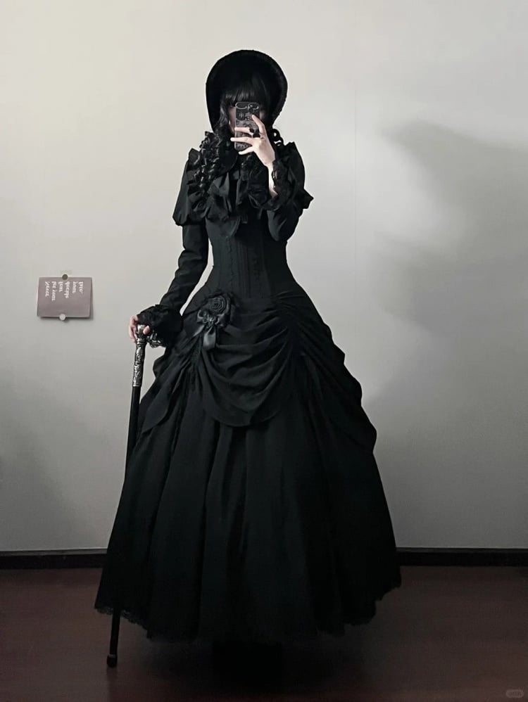 Black Boned High Waist Witch Victorian Goth Lolita Drawstring Skirt