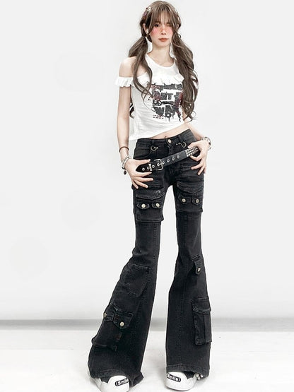 Silhouette Jeans With Multiple Pocket Accents Waist Flare Kawaii Black Glamorous Bittersweet Low