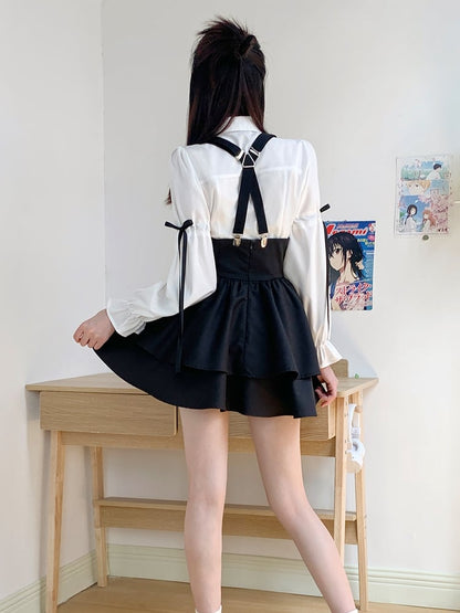 Suspender Skirt White High Waist Black Preppy Set- Full Overalls Shirt +