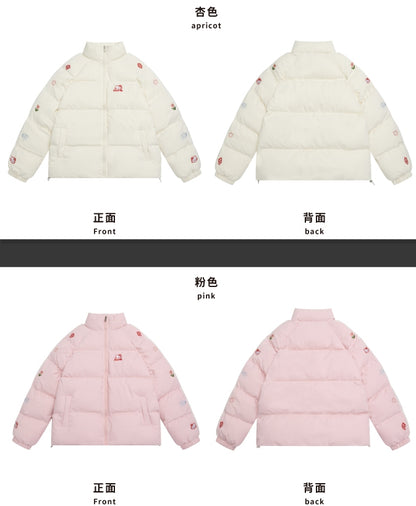 White/Pink Kitties Embroidery High Neck Puffer Jacket