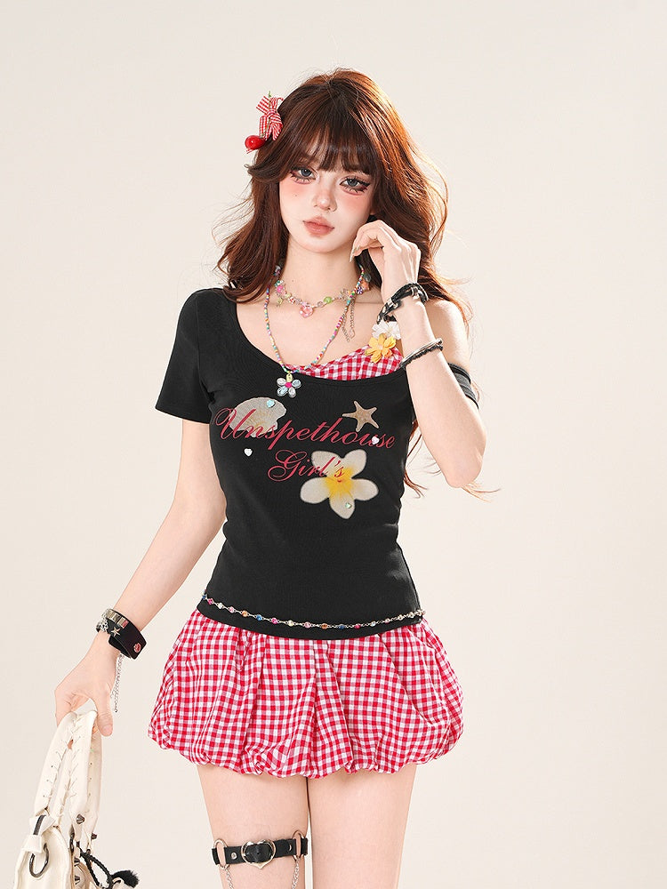 Faux Two-pieces T-Shirt Asymmetrical Neckline Floral Accents White/Black