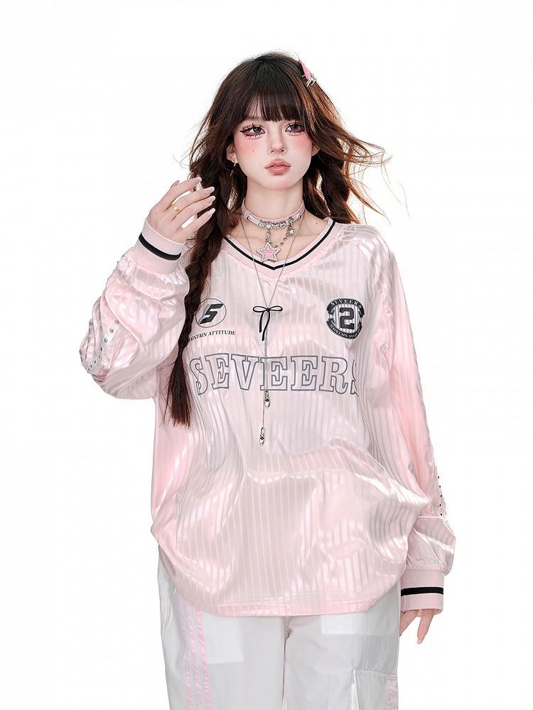 Pink/Gray Striped Pattern V-Neck Loose Sweatshirt
