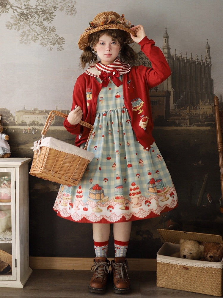 Red Long Sleeves Dessert Print Cardigan
