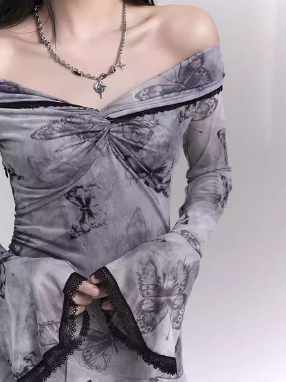 Robe à épaules dénudées et imprimé papillons violet/gris foncé/abricot