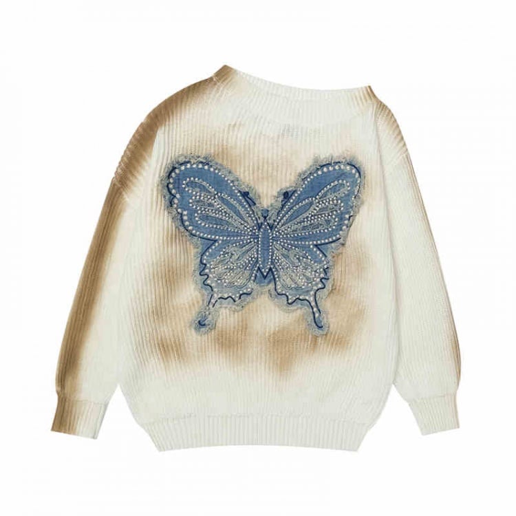 Wasteland Punk Butterfly Applique Apricot Asymmetrical Neckline Sweater