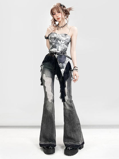 Bittersweet Gray Distressed Details Flare Jeans Holes Silhouette