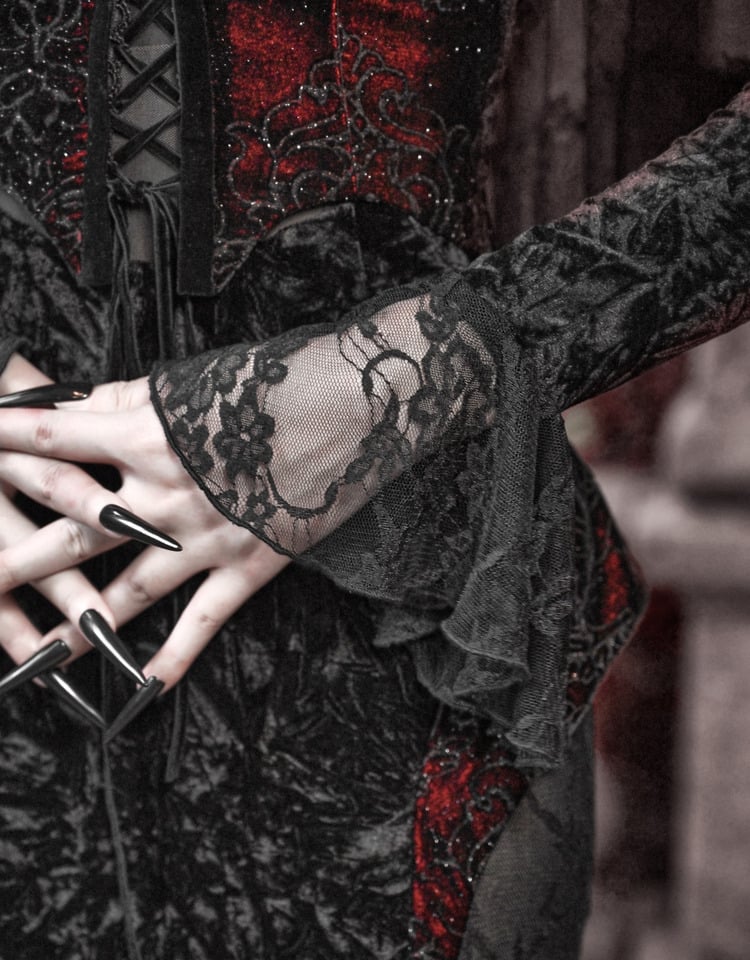 Wings Romantic Velvet and Shaped Lace Neckline Bat Vampire Dress Goth Mermaid