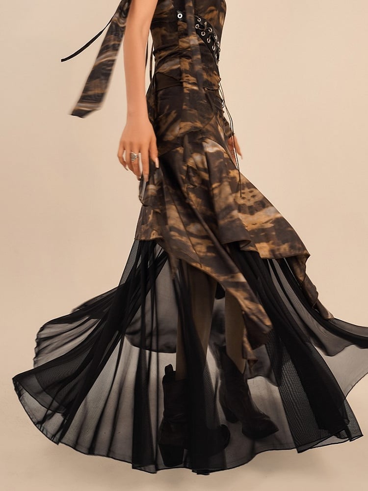 Tie-Dye Floor Length Coffee Punk Skirt with Black Mesh Lining