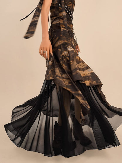 Tie-Dye Floor Length Coffee Punk Skirt with Black Mesh Lining