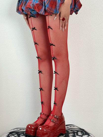 Modische blau/schwarz/rot/weiße Strumpfhose mit Schleife Gyaru