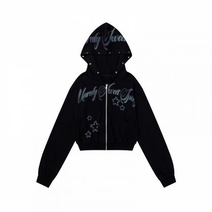 Autumn for Black Letter and Star Print Zip-up Hoodie