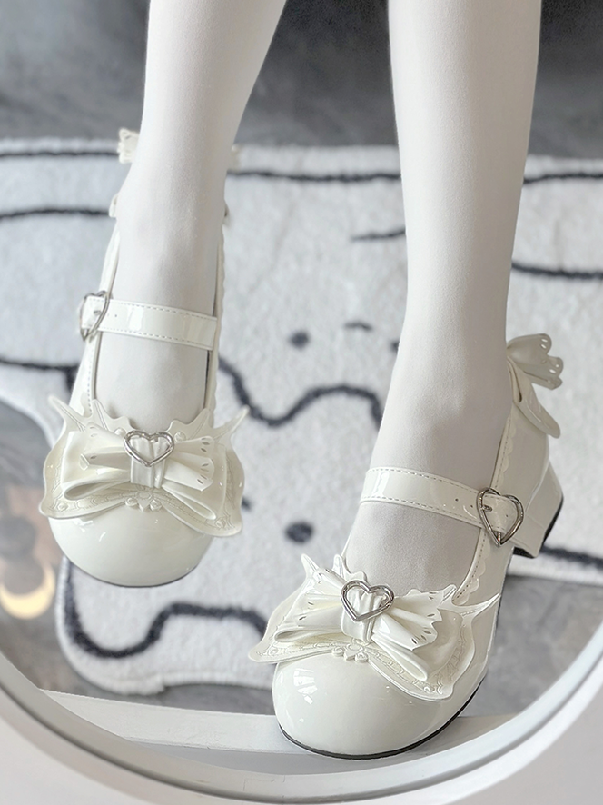 Sweet Lolita Milk White Bowknot Heart Buckle Strap Block Heel Mary Janes