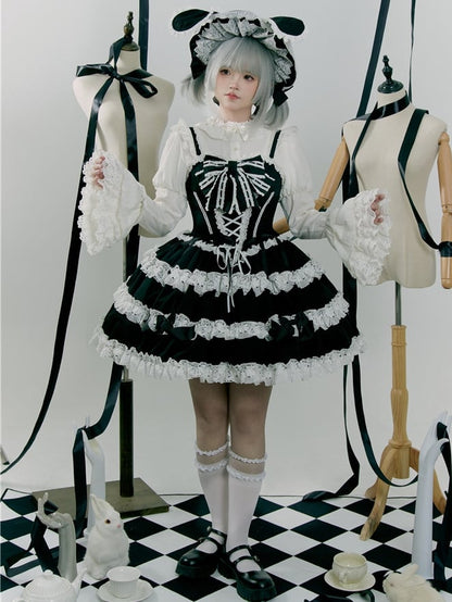 Black and White Old School Bowknot Details Lace Accents Balletcore Dress Lolita Jumper Skirt