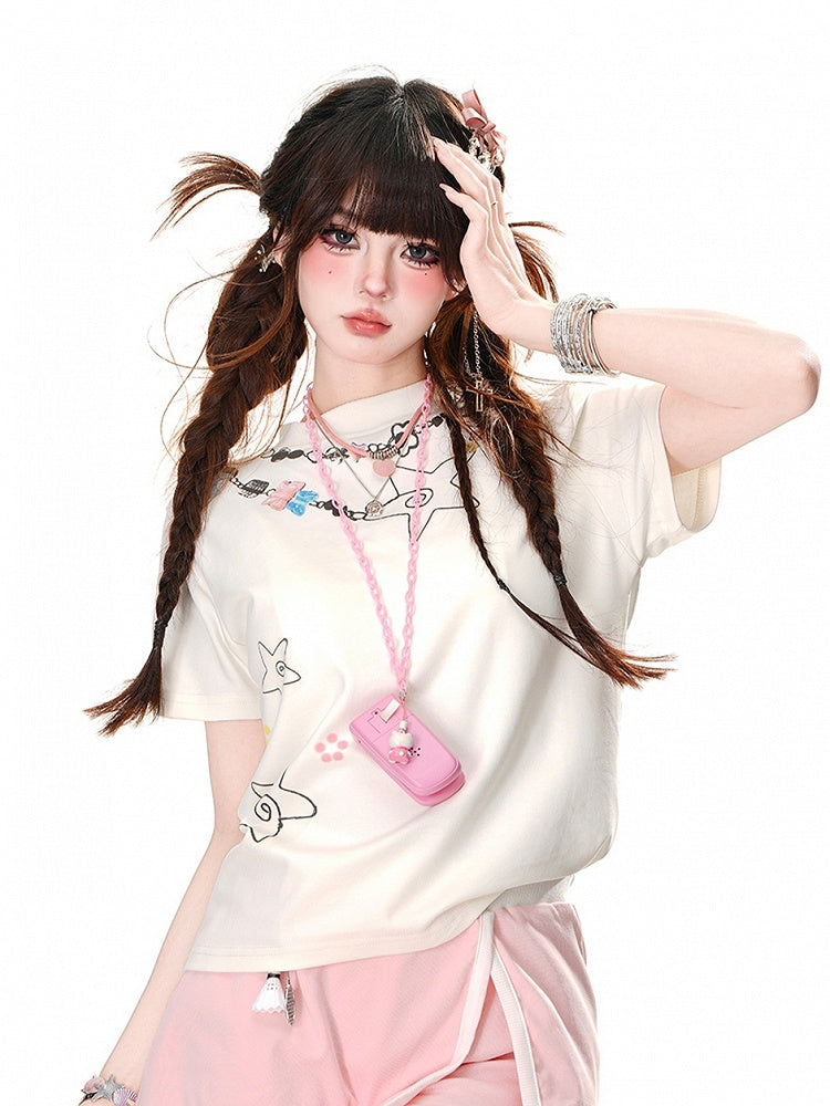 T-Shirt Glamorous White Crew Neck Star Print