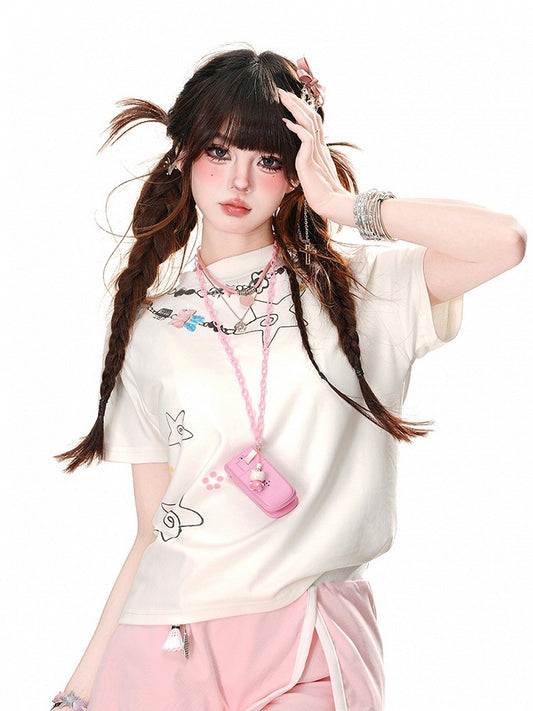 T-Shirt Glamorous White Crew Neck Star Print