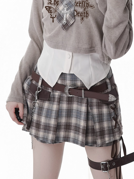 Y2K Lace-up Black Detail Plaid Skort with Buckle Belt and Chain White/ Khaki