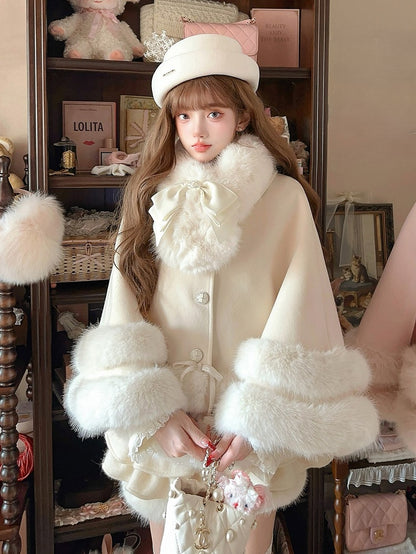 Faux Fleece Cloak White With Fur-Trimmed Bow Accents Creamy