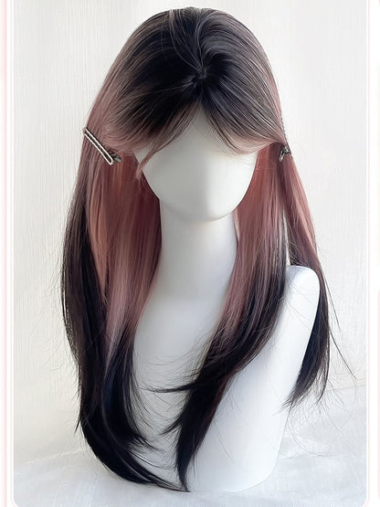And Length Bangs Pink Wig Hair Straight Curtain 60CM Black Ombre With Color