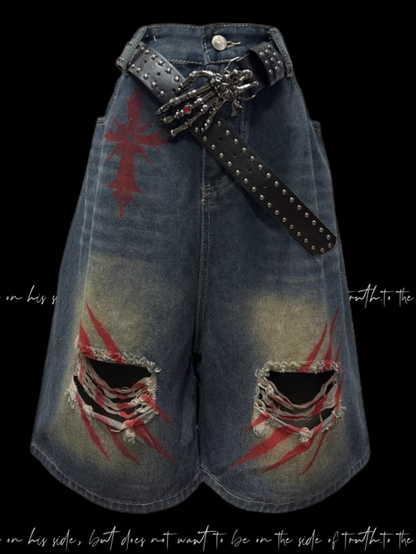 Print Blue Faded Holes Scratch Wash Distressed Wide-leg Denim Shorts