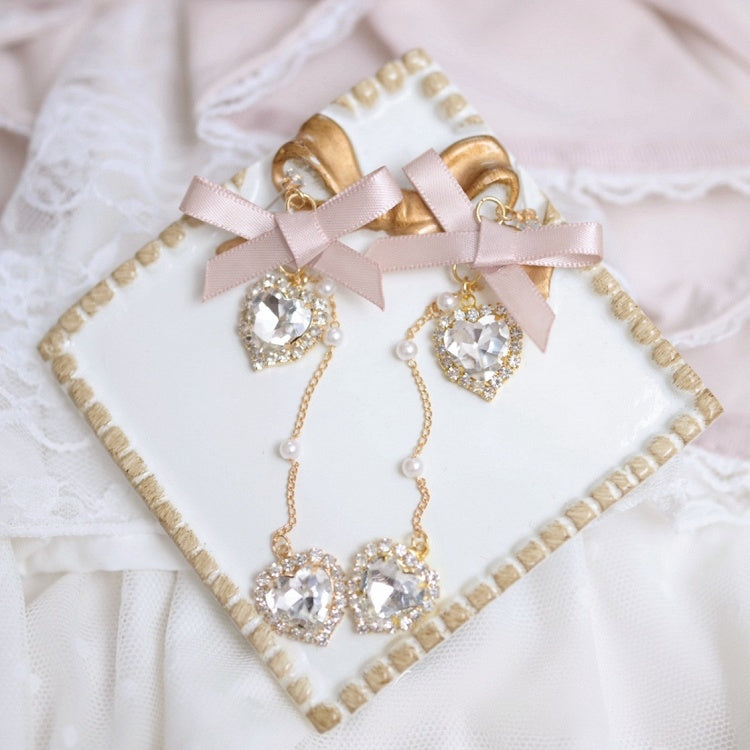 Dusty Pink Sweetheart Rhinestones Charm Bowknot Ear Clips
