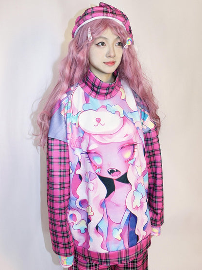 Oversized Sweatshirt With Cartoon And Plaid Print Gyaru Rose Fashion Red
