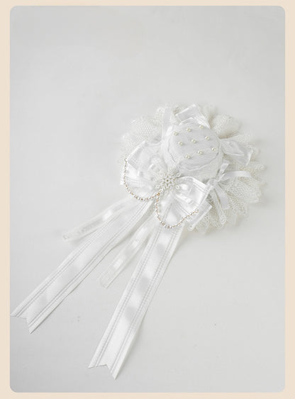 Shiro Lolita White Big Bow Lace Trim Snowflake Mini Hat with Beaded Chain