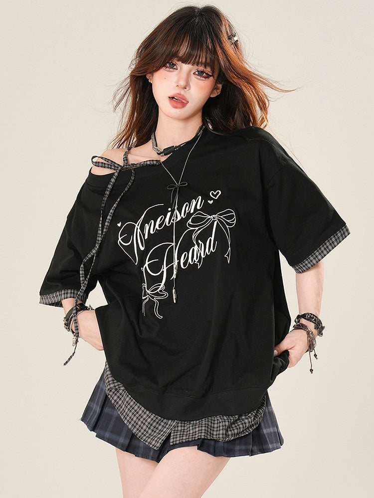 Pattern Strap Bittersweet Self-tie Plaid T-shirt Black Asymmetrical Neckline