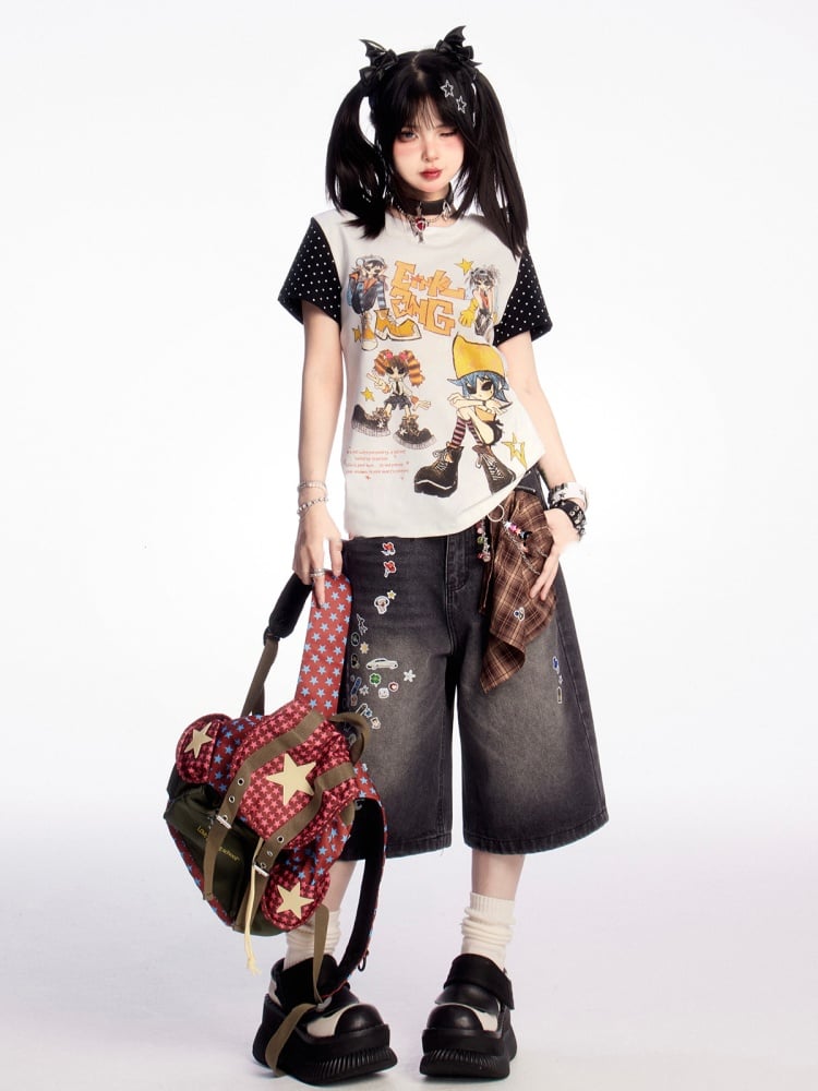 Black and Design Y2K Cartoon Print T-shirt Colorblock White