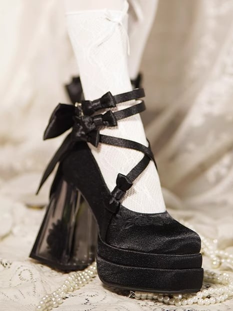 Black Camellia Flower High Block Heel Elegant Platform High Heels